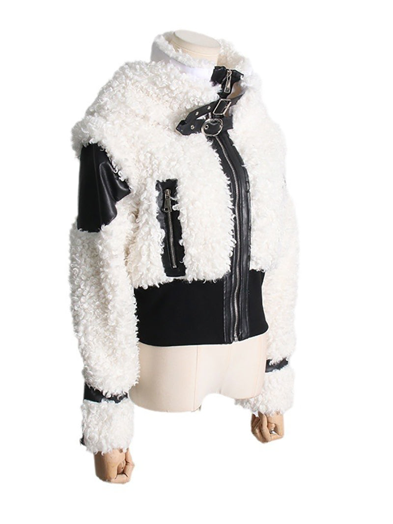 Fashion Faux Lamb Fur Buckle Strap Jacket Coat