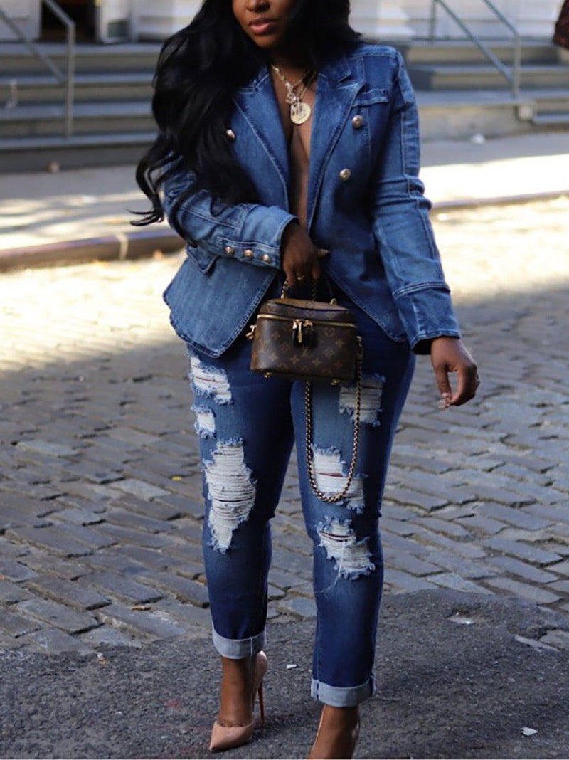 Casual Double-Breasted Denim Blazer