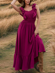Fashion Off Shoulder Cinched Waist Ruffle Maxi Dress