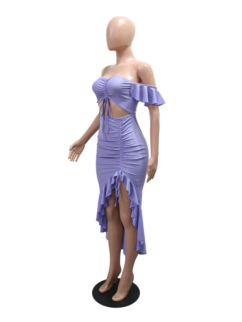 Sexy Off Shoulder Hollow Irregular Ruffle Maxi Dress