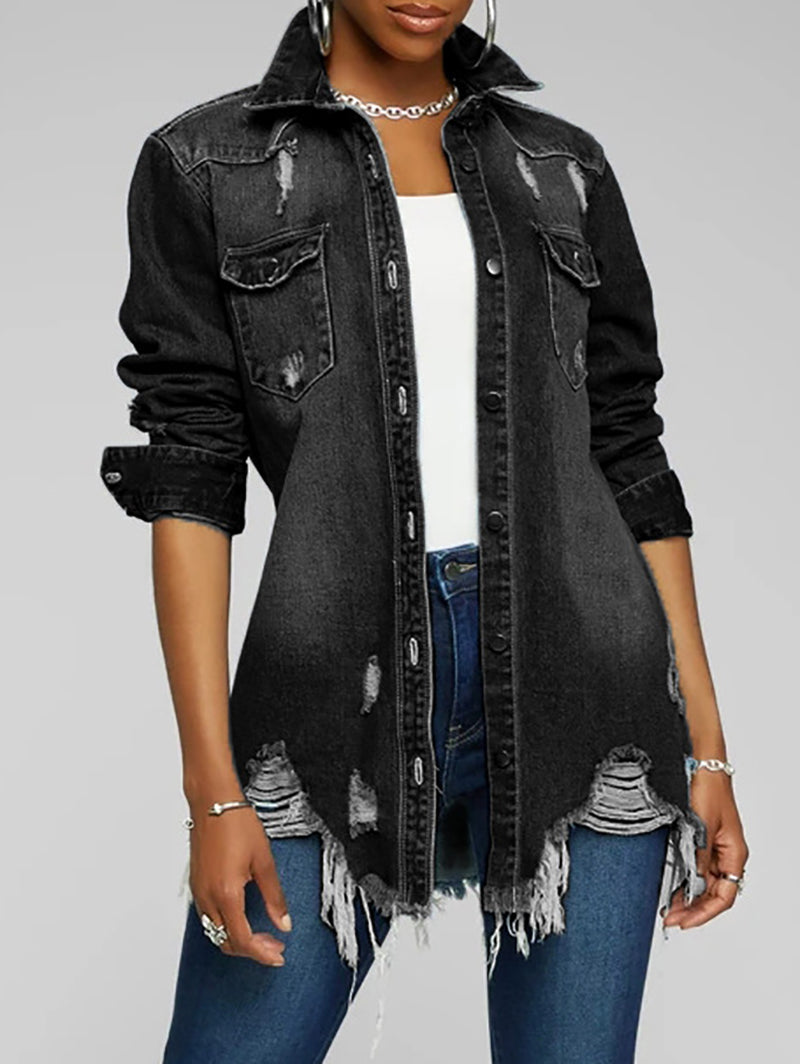 Casual Long Sleeve Shirt Button Ripped Denim Blouse Jacket