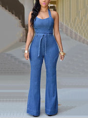 Sexy Sleeveless Slim Denim Halter Belt Jumpsuit