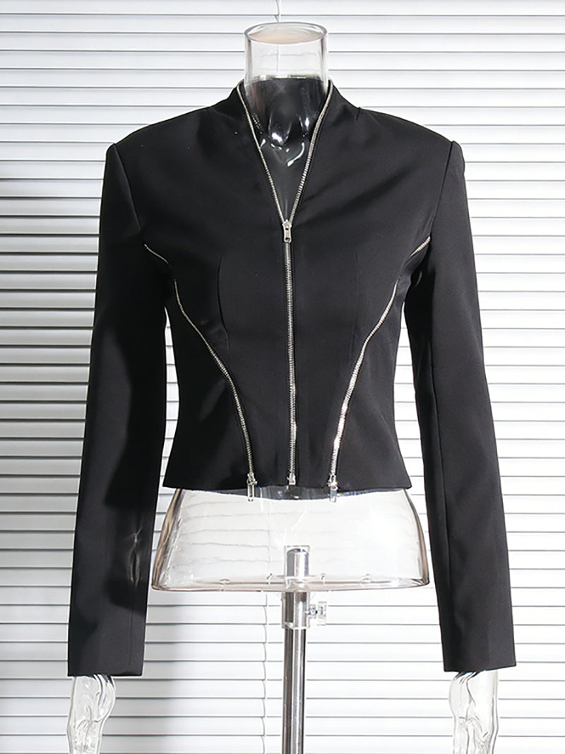 Solid Patchwork Zipper Cropped Jacket