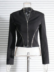 Solid Patchwork Zipper Cropped Jacket