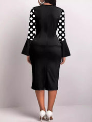 Elegant Long Sleeve Polka Dot Print Pencil Dress