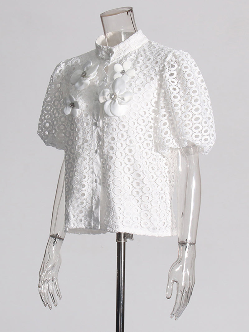 Elegant Floral Embellishment Hollow Blouse