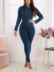 Denim Button Front Long Sleeve Jumpsuit