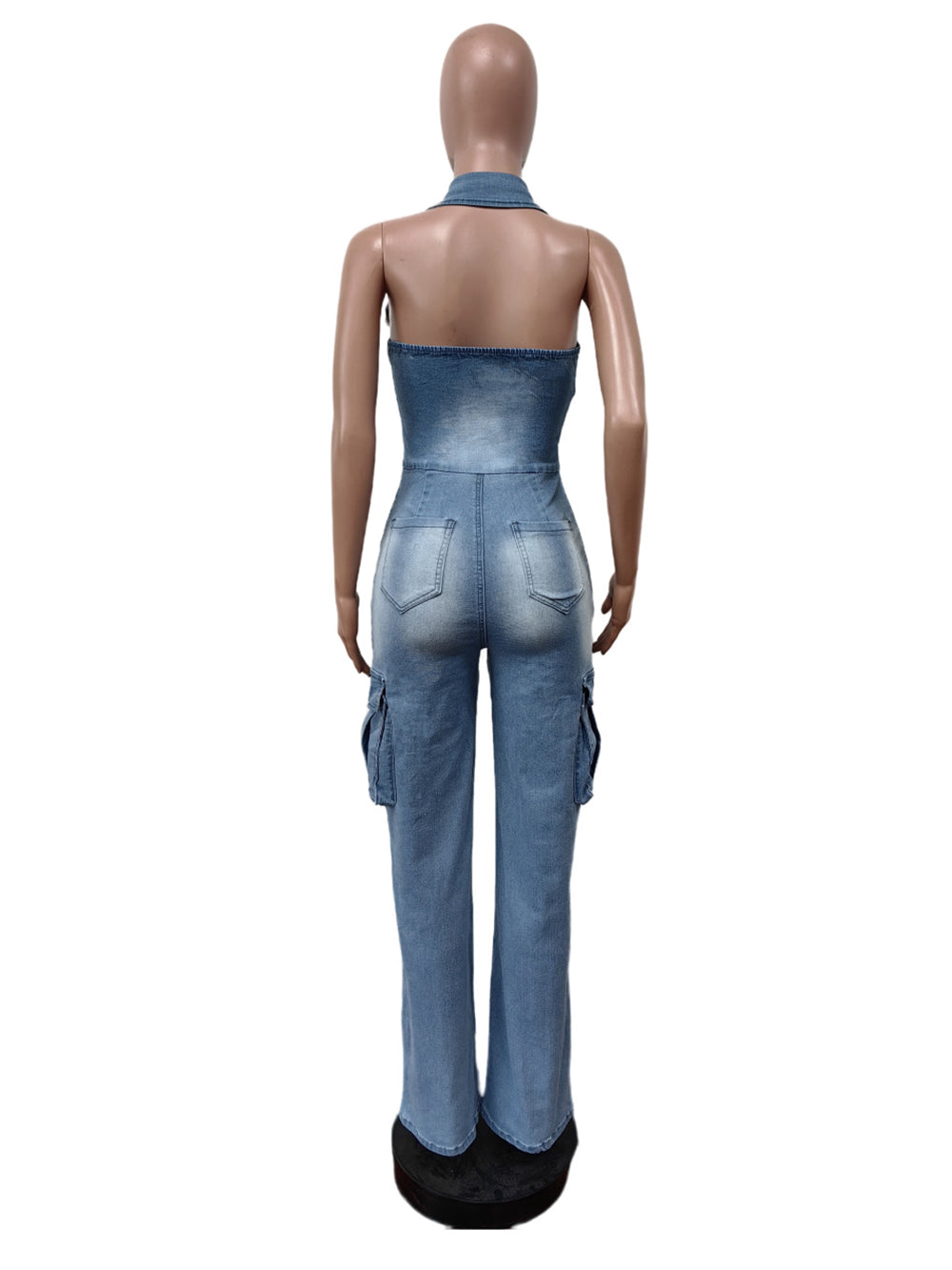 Halter Button-Front Denim Jumpsuit