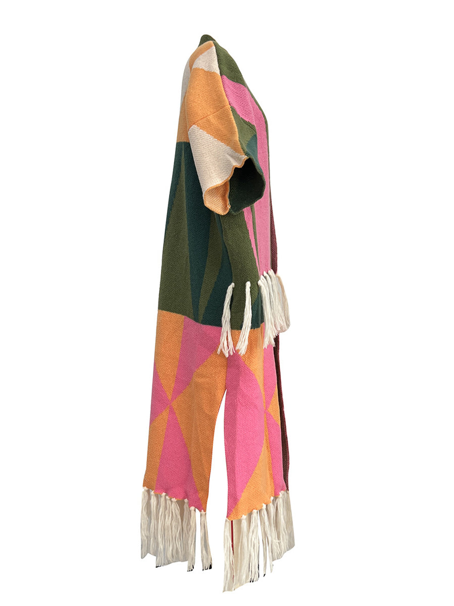 Tassel Sweater Fringe Colorful Detail Maxi Cardigan