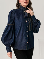 Fashion Bow Tie Neck Lantern Sleeve Denim Shirt