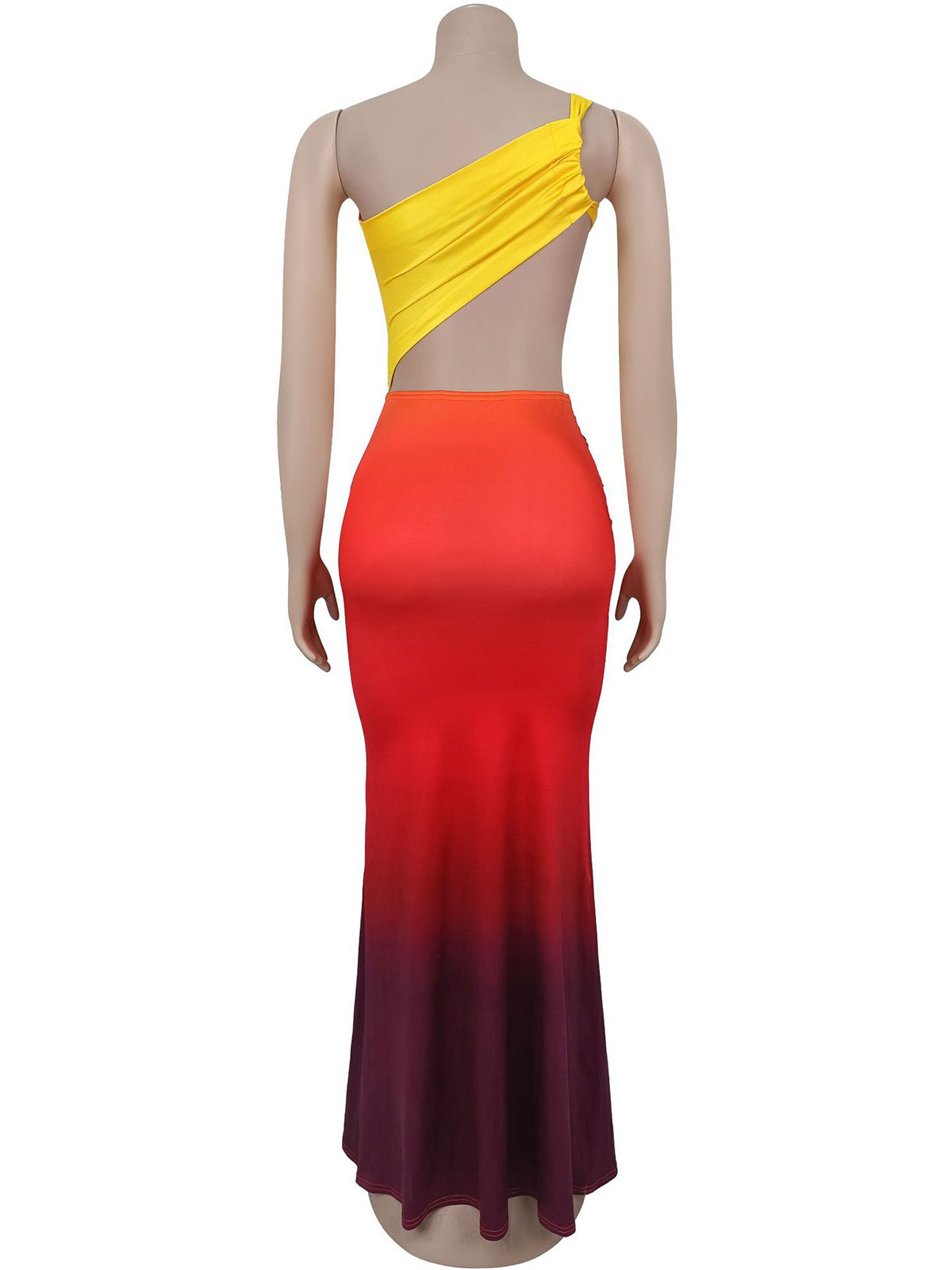 Sexy Hollow Out Gradient Color Ruched Maxi Dress