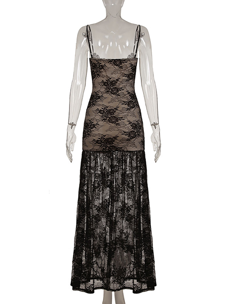 Sexy Spaghetti Strap Lace Slit Maxi Dress