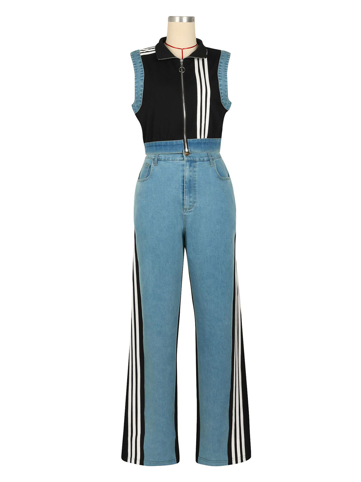 Casual Sleeveless Striped Denim Patchwork Two Piece Set