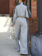 Stripe Crop Jacket And Wide Leg Pants Sports Set