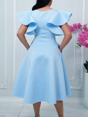 Elegant Ruffle Sleeve Cinched Waist Party Dress