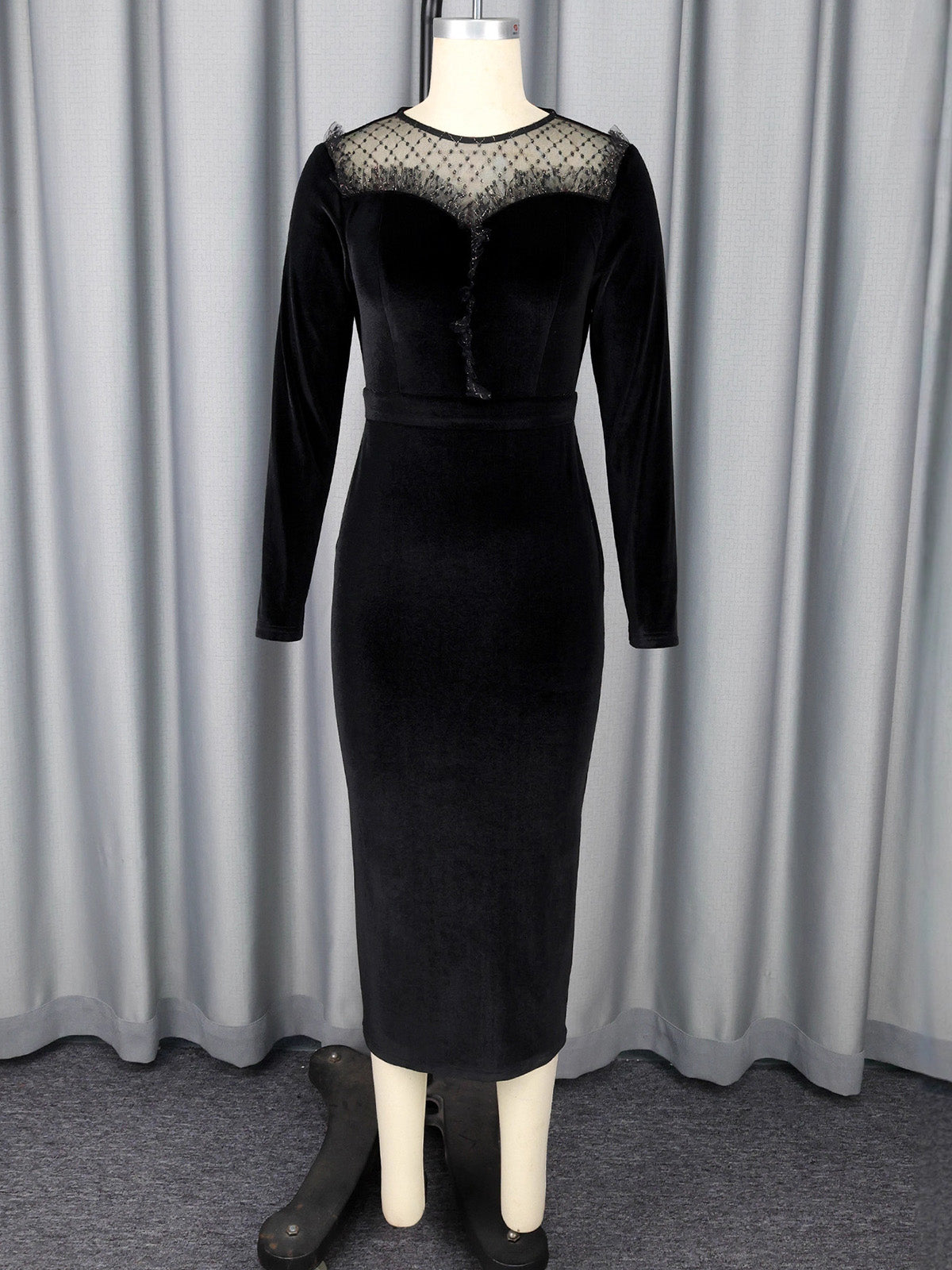 Elegant Mesh Patchwork O Neck Velvet Dress