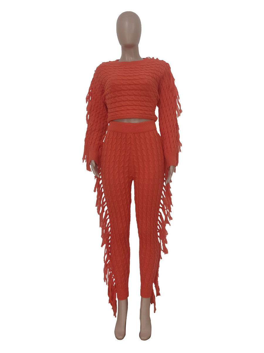 Fashion Knit Tassels High Waist Trousers Sets