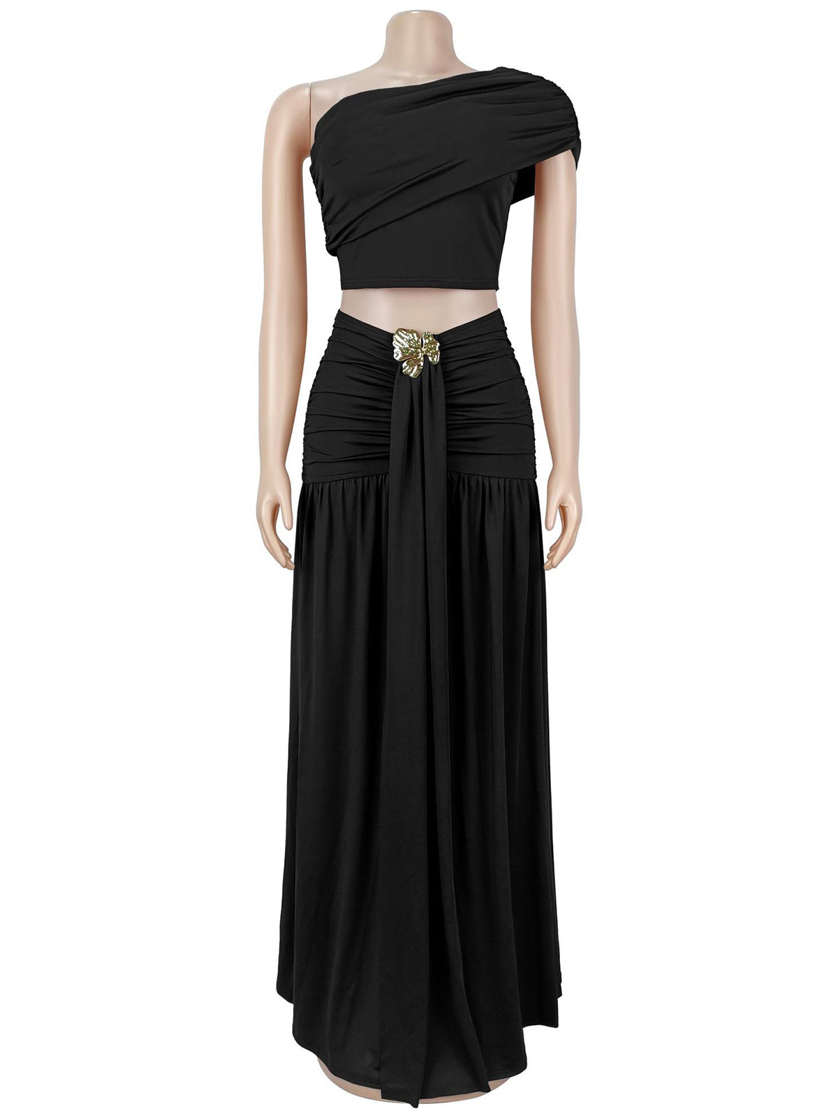 Sexy One Shoulder Crop Top And Ruched Skirt Two-Piece Set