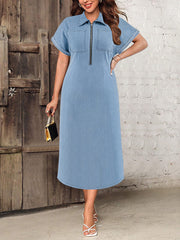 Plus Size Front Zipper Loose Casual Denim Dress