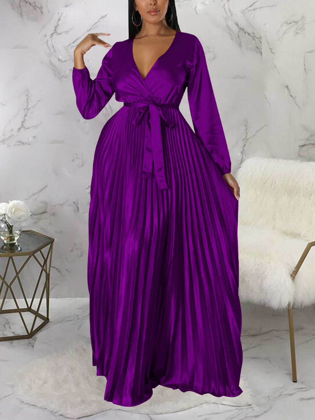 V Neck Cocktail Party Maxi Pleated Dress