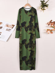 Women's Green Printed Stretch Midi Dress