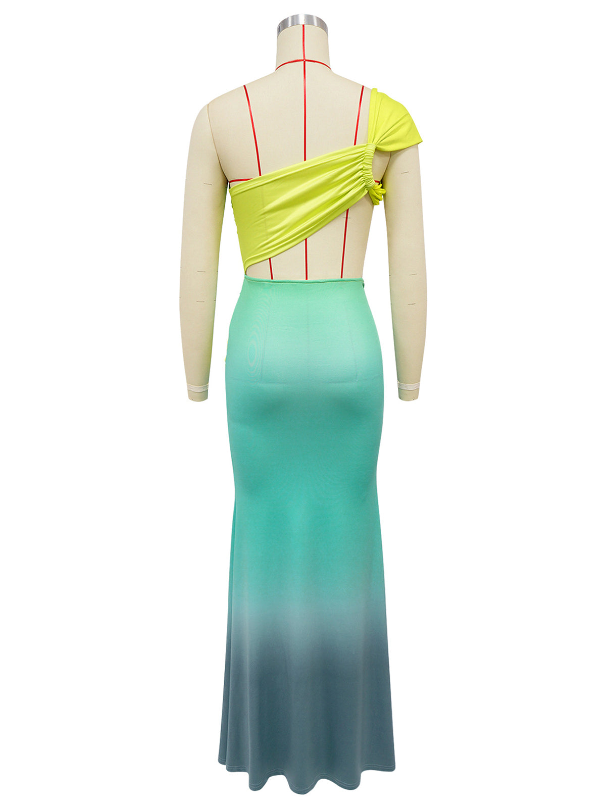 Gradient Color Cut Out Ruched Asymmetrical Maxi Dress