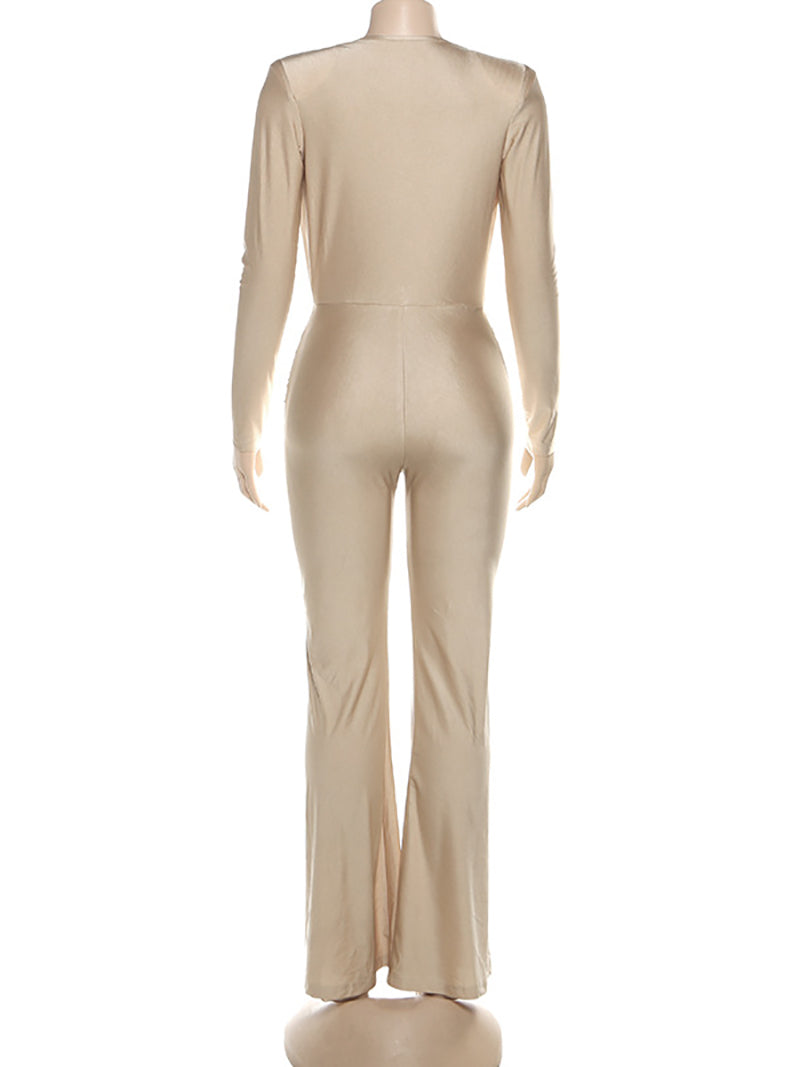 Sexy Deep V Long Sleeve Slim Wide Leg Jumpsuit