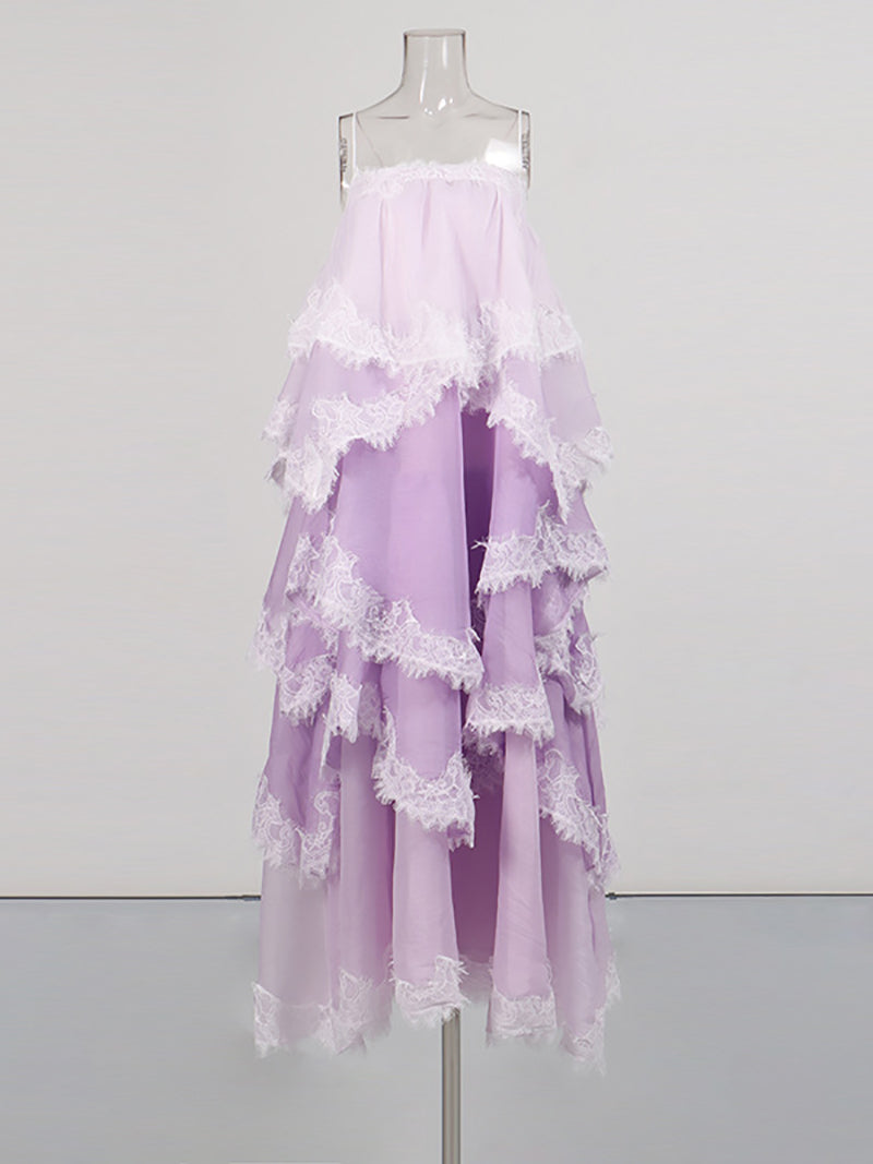 Elegant Spaghetti Strap Lace Maxi Tiered Dress
