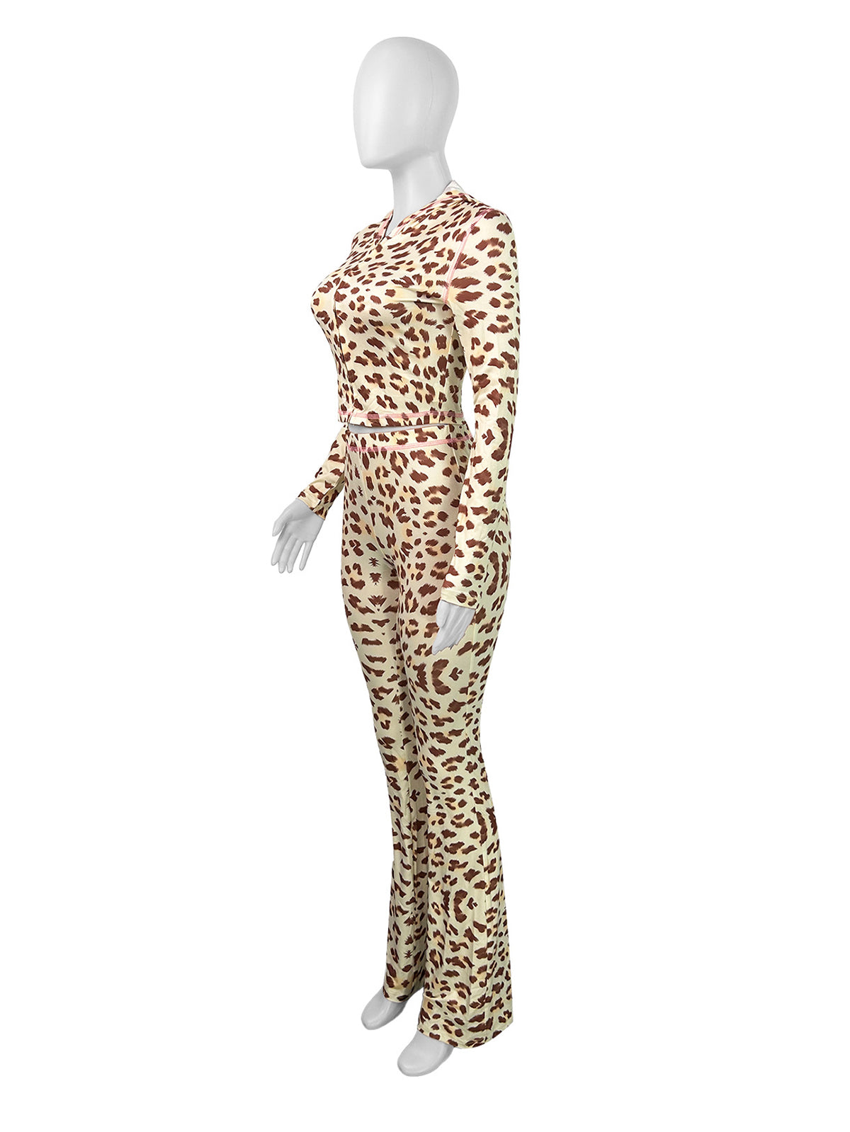 Leopard Print Zipper Hooded Tops Tight Pants Sets