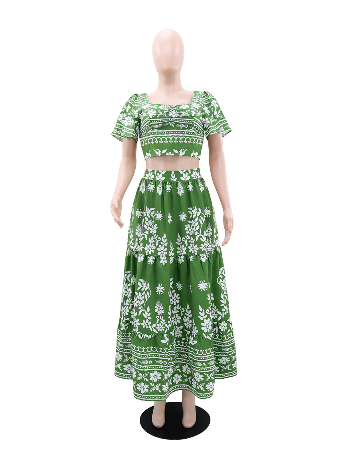 Casual Print Crop Top High Waist Maxi Skirt Set