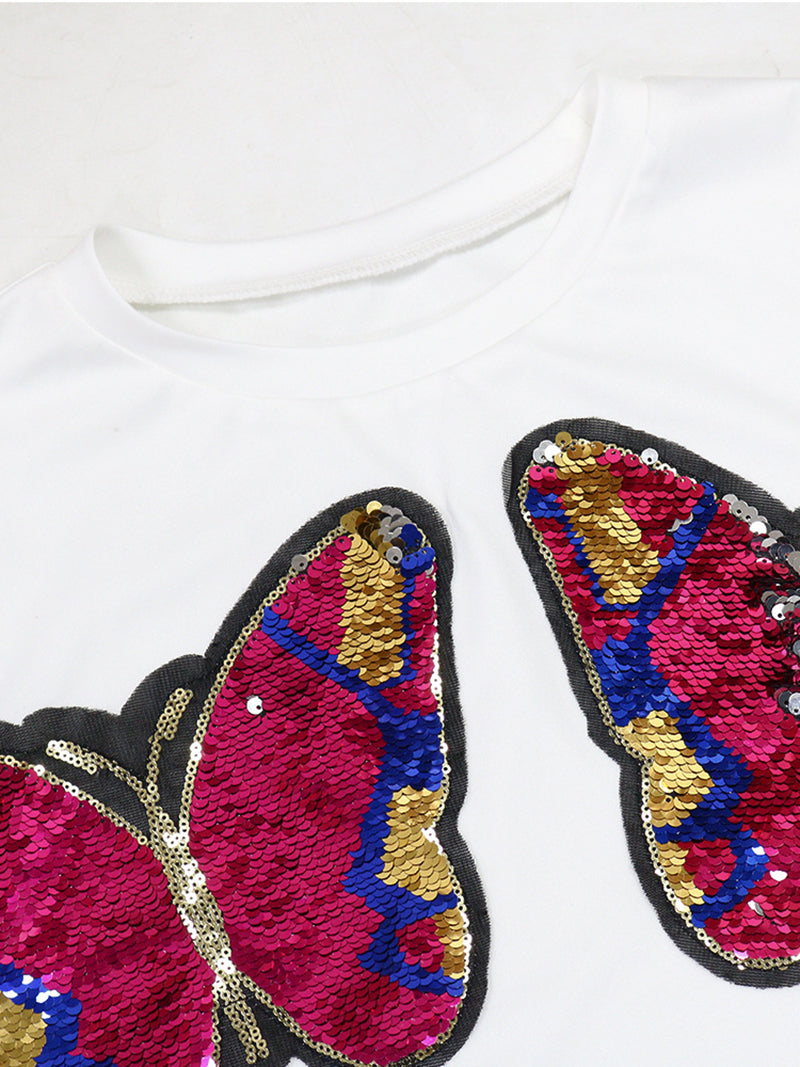 Round Neck Sequin Butterfly T-shirt Shorts Casual Set