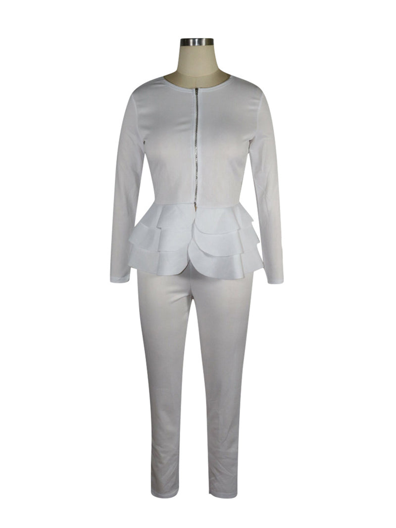 Sexy Zipper Ruffles Top And Pants Suit Set