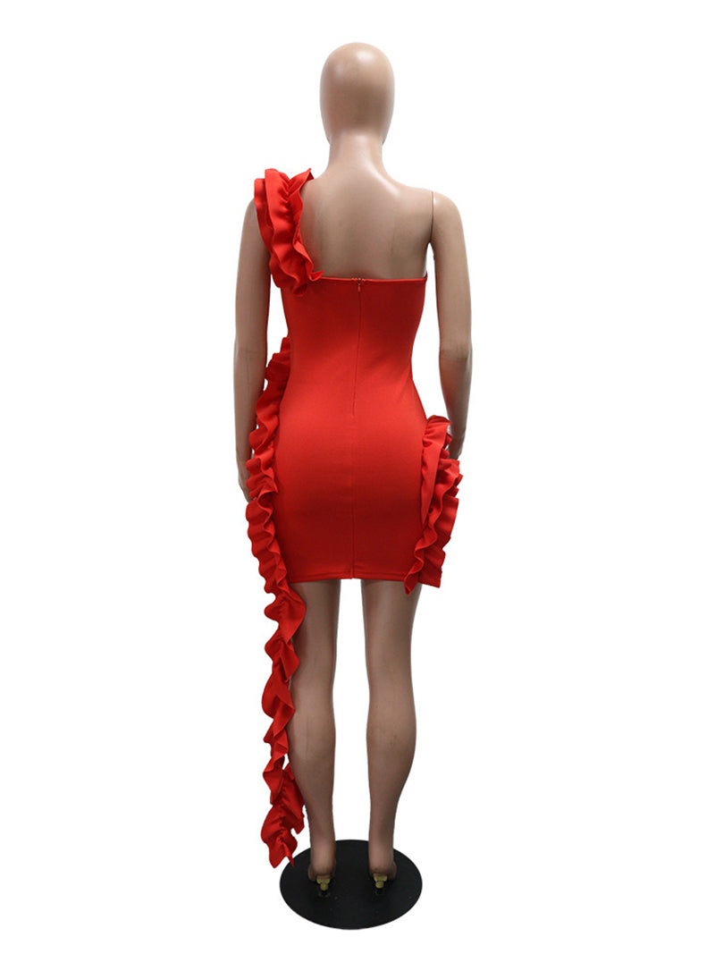 Sexy Single Shoulder Ruched Patchwork Bodycon Dress
