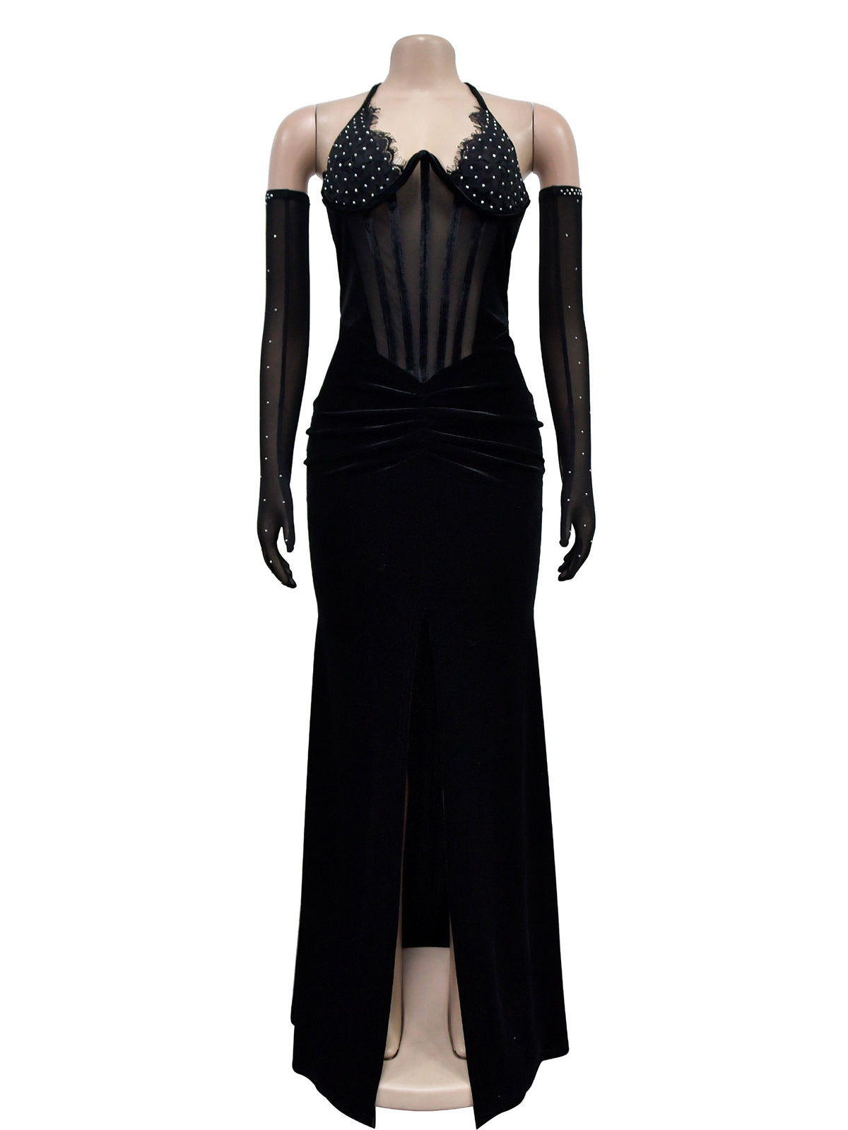 Rhinestone Mesh Patchwork Nightclub Party Maxi Dress