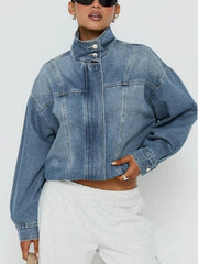 Stand Collar Washed Denim Jacket