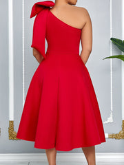 Single Shoulder Bow Detail Flare Midi Dress