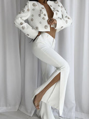 Fashion Cropped Jacket Slit Flared Trousers Set