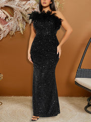 Embellished Feather Trim Sequin One Shoulder Slim Dress