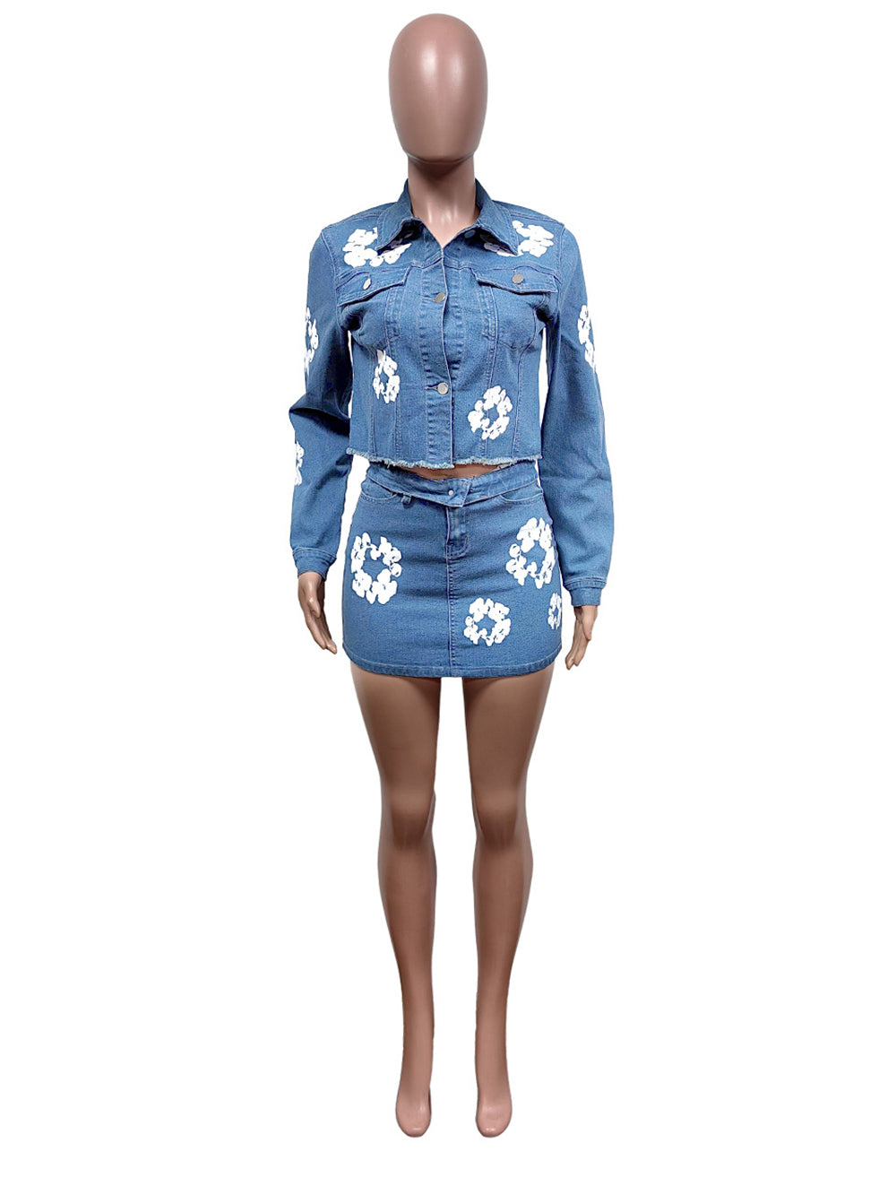 Fashion Print Denim Package Hip Skirt Sets