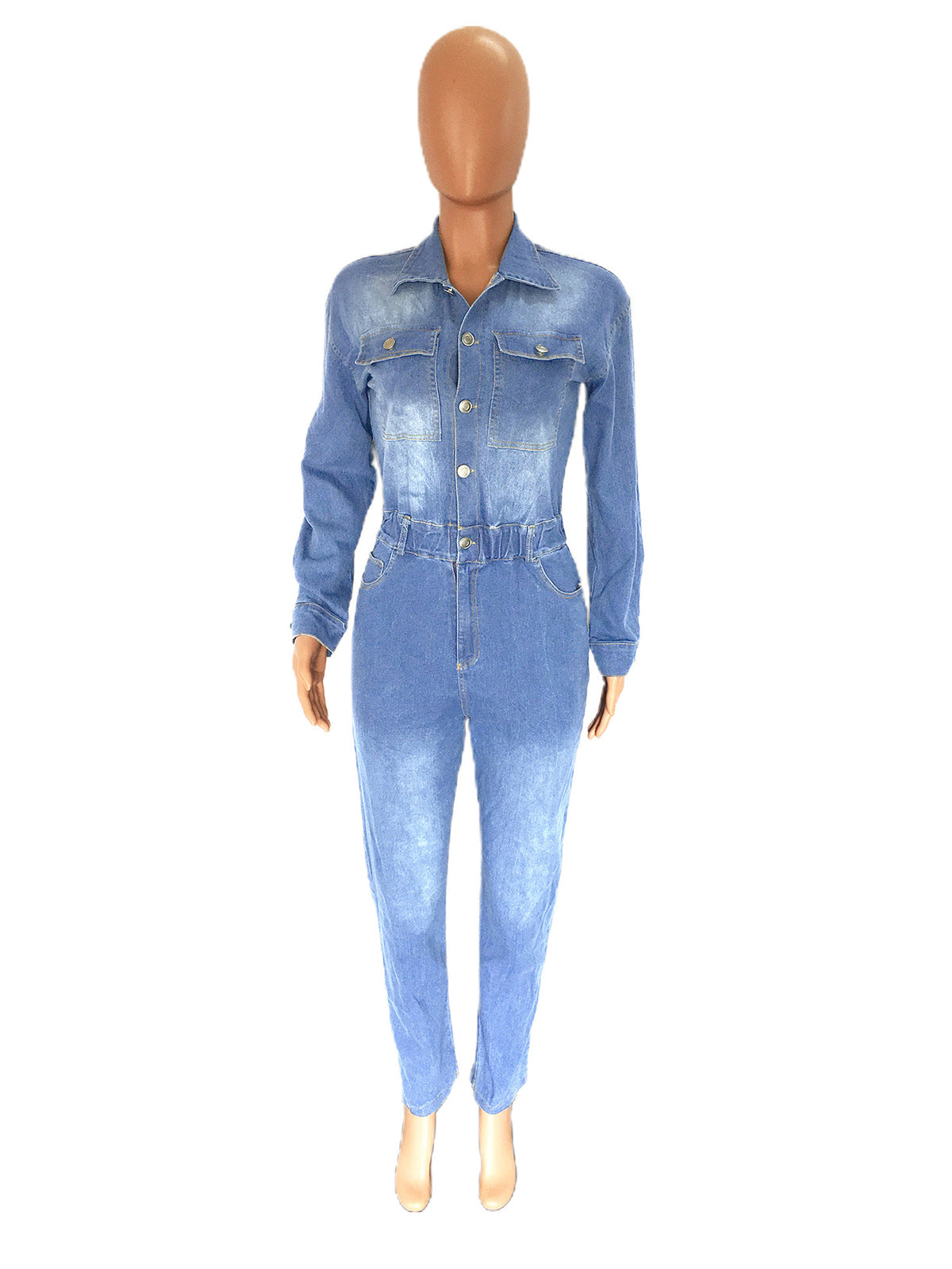 Fashion Single Breasted Solid Denim Jumpsuits