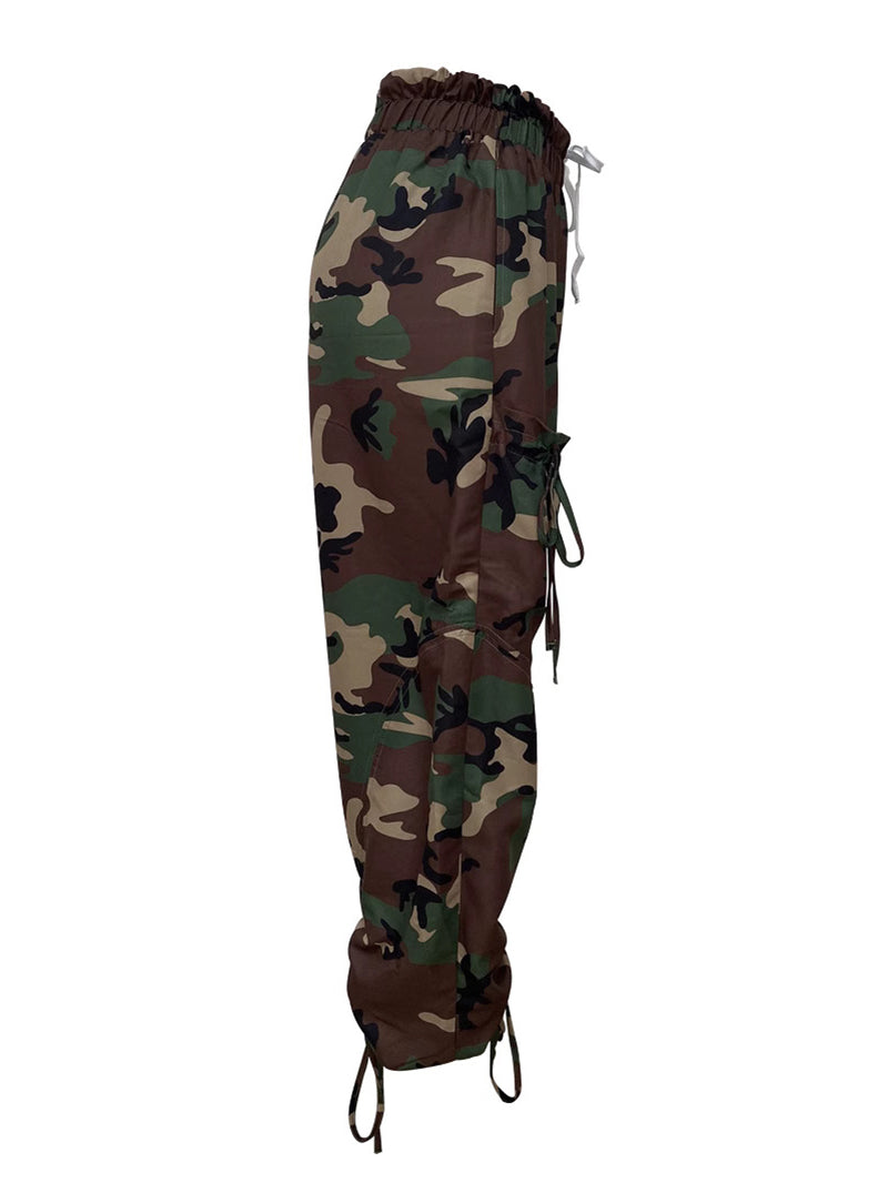 Street Camo Print Flap Pocket Drawstring Cargo Pants