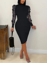 Elegant Floral Applique Mesh Sleeve Bodycon Dress