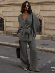 Women's Tie Front Top and Wide Leg Pants Set