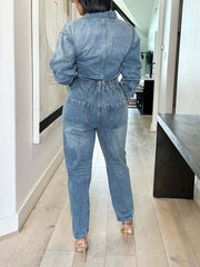 Long Sleeve Pocketed High Waist Denim Jumpsuit