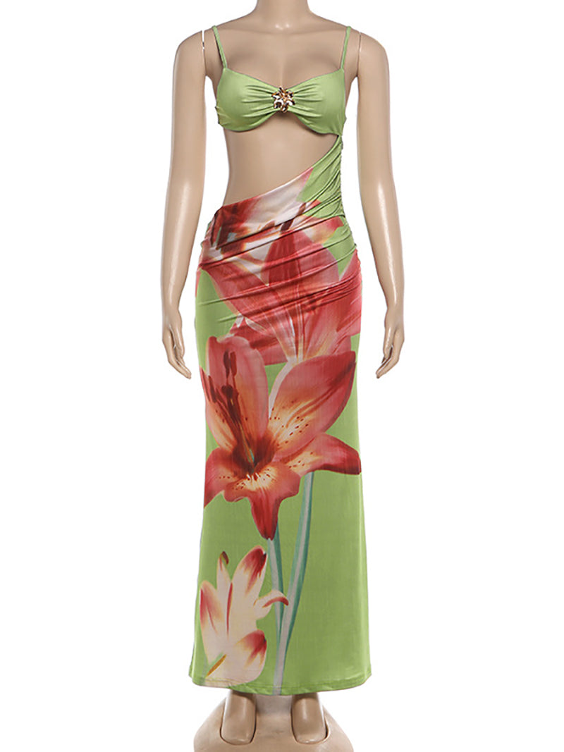 Sexy Print Beach Vacation Cut Out Maxi Dress
