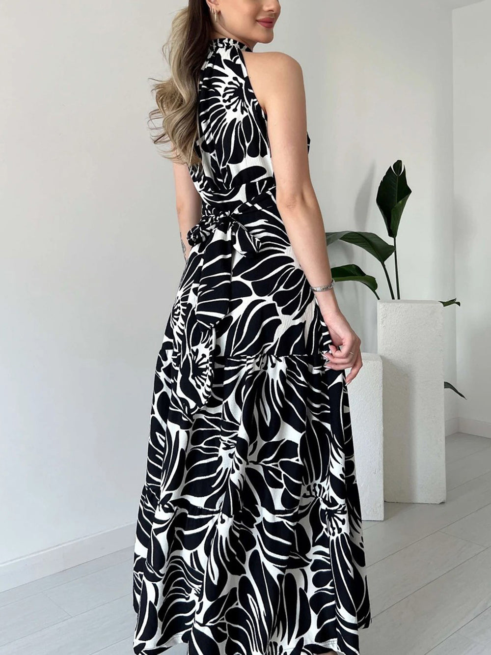 Elegant Print Patchwork High Slit Long Dress