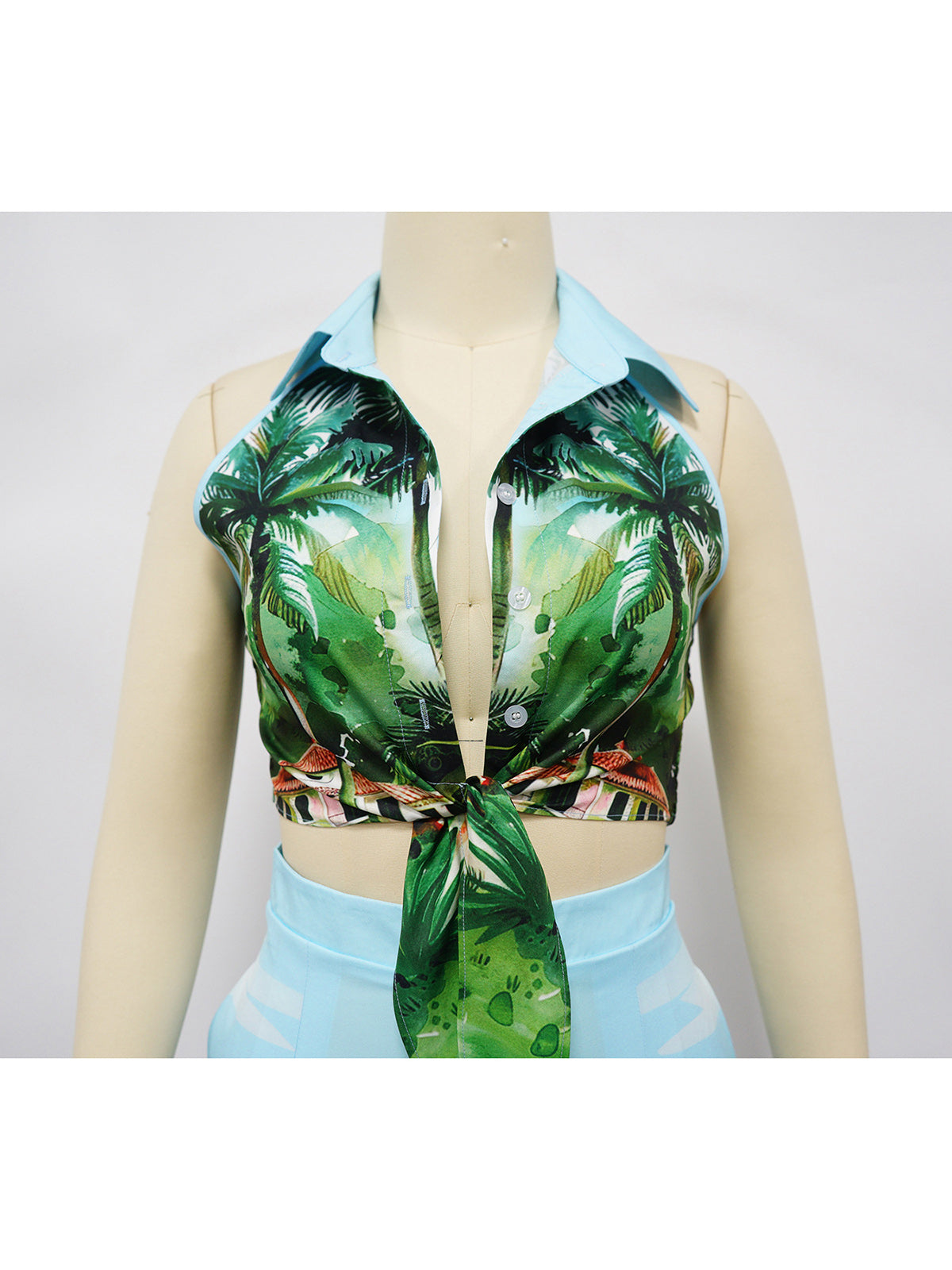 Print Lapel Sleeveless Crop Top Wide Leg Pants Sets