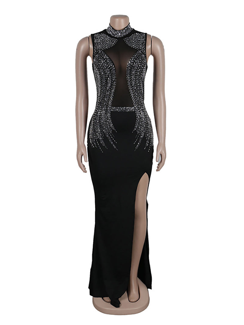 Mesh Rhinestone Sleeveless Evening Party Maxi Dress