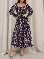 Square Neck Tie-up Long Sleeve Floral Midi Dress