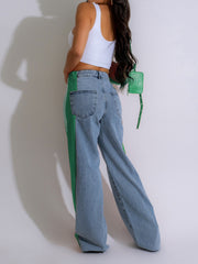 Newest Patchwork Stripe Elastic High Waist Jeans